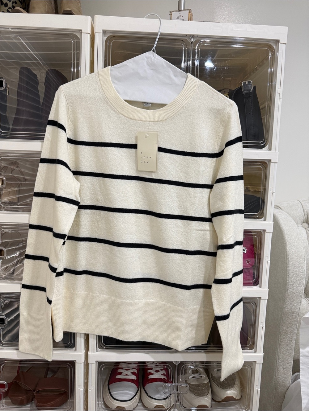 a new day Cream & Black Striped Crewneck Sweater